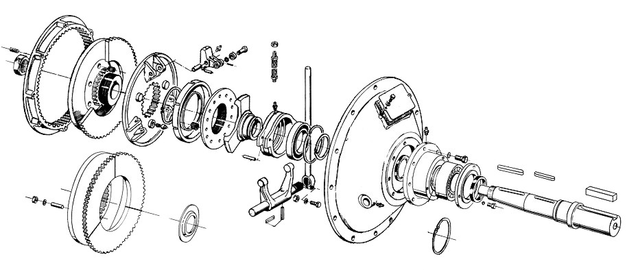 type BD clutch components, exploded diagram ~ Power is transmitted by clutch plates located within a driving ring bolted to the engine flywheel.