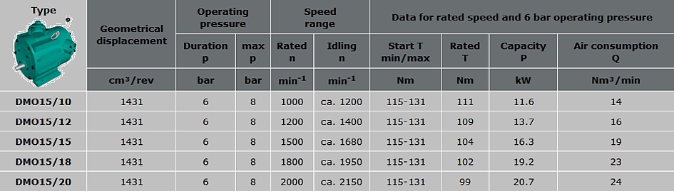 Pneumatic motors type DM015/10 to DM015/20 technical specification data table