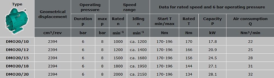 Pneumatic motors type DM020/10 to DM020/20 technical specification data table