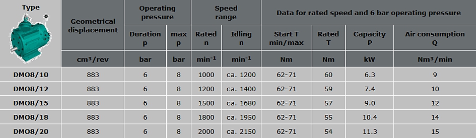 Pneumatic motors type DM08/10 to DM08/20 technical specification data table